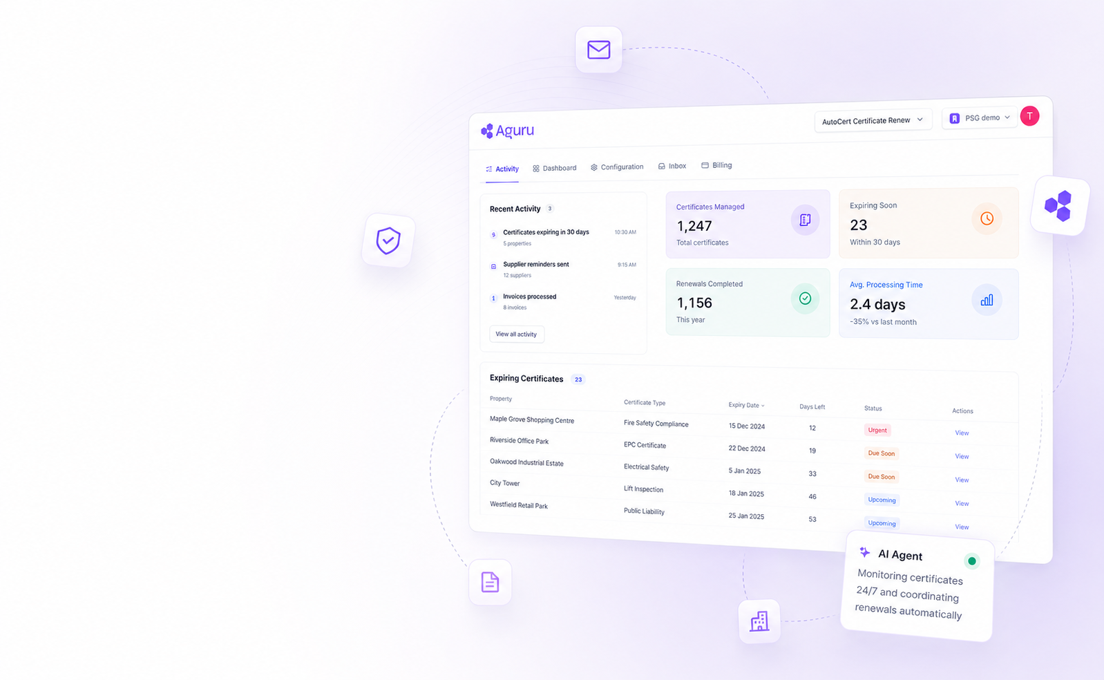 Aguru AutoCert dashboard showing expiring certificates, recent activity, and the AI agent monitoring renewals